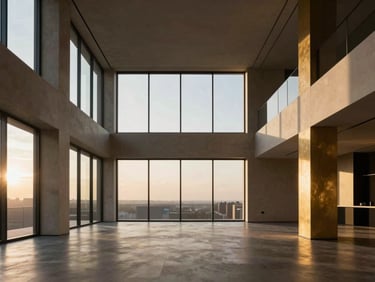 Minimalist high-end loft interior with double height ceiling, massive windows, structural columns, warm gold accents