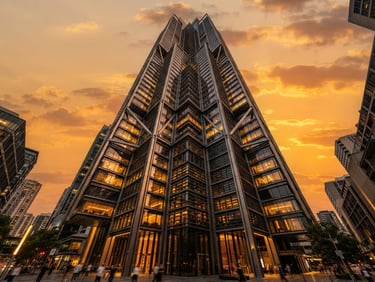 Low angle architectural photography of a luxury modern skyscraper facade, steel and glass structure reflecting golden hour sunset, 8k resolution