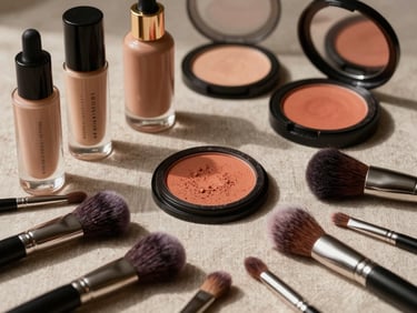 Wide cinematic crop, warm indirect studio light. An organized flatlay of luxury beauty products, including glass bottles of luminous primer, soft powder pigments in warm terracotta, and fine-bristled brushes on a textured linen surface.