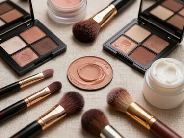 Warm, indirect studio light on an organized luxury makeup flatlay, featuring rich pigments, soft brushes, and hydrating creams on a textured linen surface.