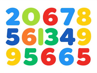 Playful vector illustration of cartoon characters counting colorful objects, with big numbers floating around them, in a high-contrast playful style.