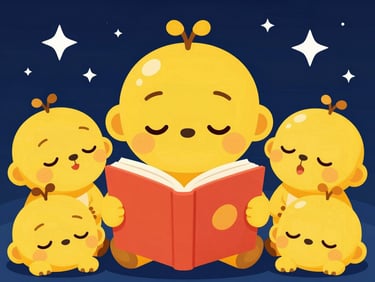 Softly lit vector illustration of a cartoon character reading a storybook to sleeping baby animals under a starry night sky, in a high-contrast playful style.