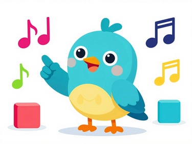 Vibrant vector illustration of a friendly cartoon bird pointing to an Arabic letter, surrounded by musical notes and colorful blocks, in a high-contrast playful style.