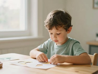 A young child sitting at a wooden desk, focused intently on cutting out paper shapes, warm natural window light, soft cream and sage background