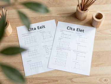 Flat-lay of beautifully designed math worksheets on a light oak table, surrounded by wooden pencil holders and soft green leaves
