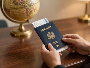 Elegant hands holding a passport and a boarding pass on a polished dark wood desk, a globe in the soft background, warm commercial lighting