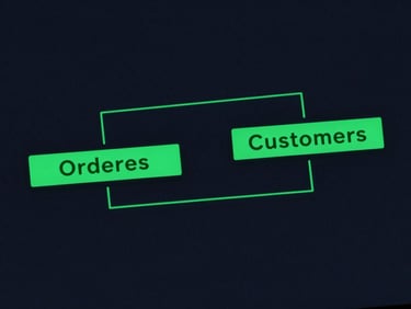 High-contrast database schema diagram on a deep slate background, showing emerald green lines connecting an orders table to a customers table.