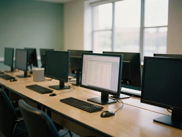Dignified academic photography of a modern computer lab with organized workstation desks, flat-screen monitors, and soft natural window light, 35mm.
