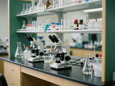 Dignified academic photography of clean science lab equipment, microscopes, and glassware arranged on a black counter, soft natural indoor light, 35mm.