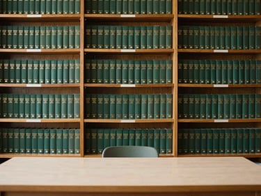 Dignified academic photography of tall wooden library shelves filled with books, a clean study table in the foreground, soft warm lighting, 35mm.