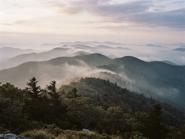 A wide panoramic view of mist rising off the Blue Ridge Mountains at dawn, soft diffused morning light, muted green and warm gray tones, 35mm film aesthetic with generous negative space