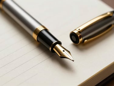 Close-up of a heavy brass fountain pen resting on textured legal stationery, soft natural side lighting, sharp focus on the nib, elegant and quiet professional environment