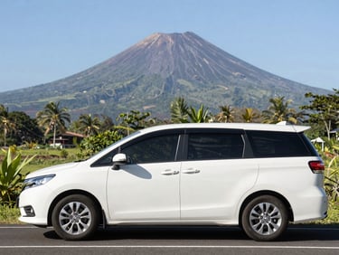 Clean white minivan parked on a scenic road, bright daylight, volcano in distance.
