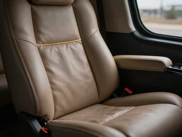 Macro shot of a luxury helicopter leather seat interior, low-key lighting, champagne gold stitching details, 35mm anamorphic lens