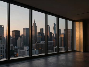 Minimalist luxury apartment interior with floor-to-ceiling windows overlooking a dramatic city skyline at dusk, 35mm anamorphic lens