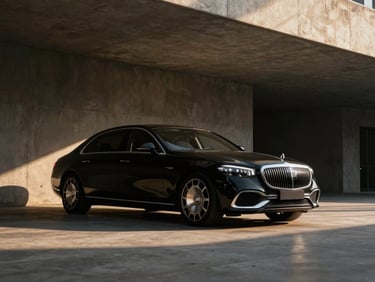 Sleek black luxury sedan parked under architectural concrete canopy, dramatic shadows, soft golden hour light, 35mm anamorphic lens