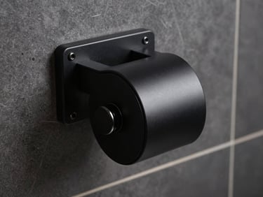 Detail macro shot of a matte-black wall-mounted toilet roll holder and towel bar bracket against a dark grey tile wall, hard directional strobe light from the left revealing surface grain and fastening hardware, no people, no bathroom context