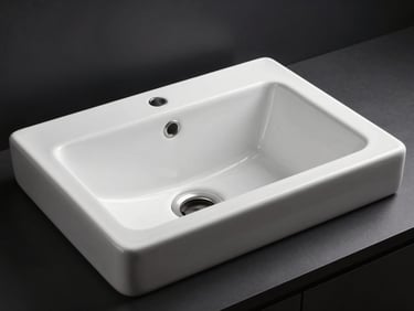 Three-quarter angle studio photograph of a rectangular undermount ceramic sink in matte white against a deep black surface, strobe light from the upper right casting a precise shadow line along the basin rim, no faucet, no accessories