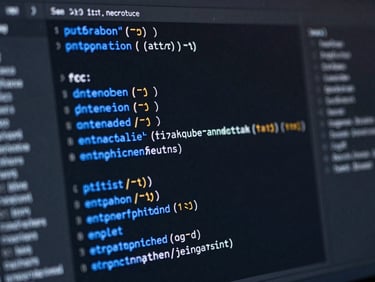 Macro shot of a dark mode code editor showing clean PHP ad integration, electric blue syntax highlighting, sharp terminal aesthetic, panoramic 21:9 framing.