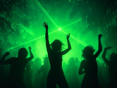 Silhouettes of ecstatic dancers under a tropical rainforest canopy at night, glowing neon green stage lights, misty atmosphere