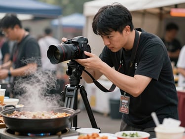 Candid mid-shot of a professional photographer from Pomodoro agency adjusting a camera on a tripod, capturing steam rising from a hot street food dish at an outdoor festival.