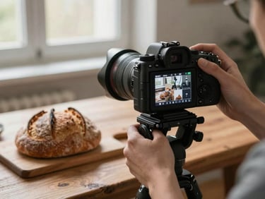 Candid mid-shot of a hands-on photoshoot setup, camera on a tripod over a rustic wooden table with fresh sourdough bread, soft morning light filtering through a window, camera screen displaying social media layout grid.