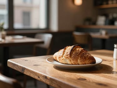 Cozy rustic restaurant interior, soft Scandinavian morning light, wooden table with a single plate of fresh sourdough bread