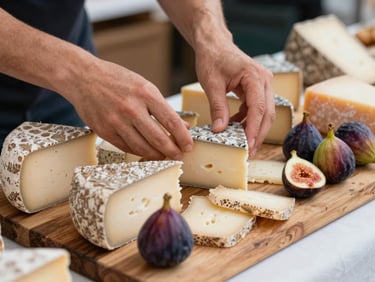 Close-up of hands arranging fresh local cheeses and organic figs on a rustic wooden board at a market stall, soft natural daylight, shallow depth of field.