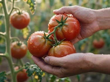 Hands harvesting ripe organic heirloom tomatoes in a sunlit field, morning dew, soft natural light