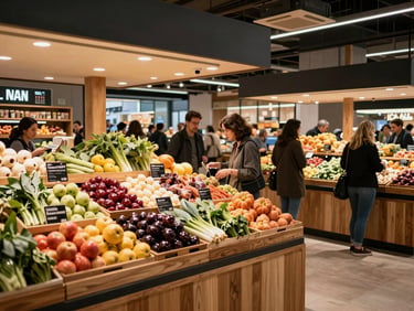 Vibrant modern food market hall, people gathering around wooden counters with fresh produce, soft warm lighting