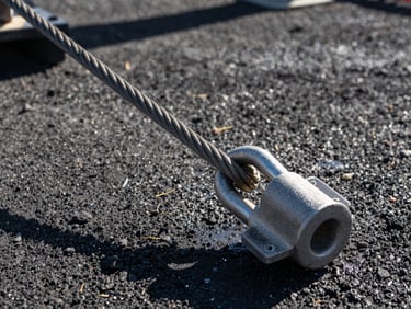 Close-up macro shot of heavy rigging gear, thick steel cables and massive shackles connected to an outrigger pad, extended on wet volcanic soil, low winter sun casting long shadows.