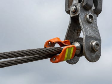 Macro close-up of heavy-duty steel rigging cables and high-visibility safety orange shackles locked onto a massive metal lifting point, industrial texture, dramatic overcast lighting.