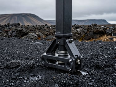 Close-up of a heavy crane outrigger fully extended and locked onto wet, dark volcanic gravel in Iceland, dramatic overcast lighting, rugged basalt mountains blurred in the far background.