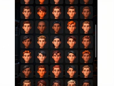 Close-up of a character customization interface showing various skin tone and hair color options for a caricature, industrial lighting, high-contrast, burnt orange and deep black tones.