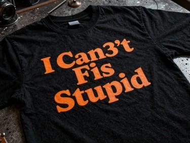 Flat-lay of a black t-shirt with 'I Can't Fix Stupid' graphic, showing fabric texture and crisp screen-print detail, high-contrast industrial lighting, burnt orange and black tones.