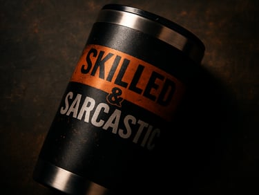 Close-up flat-lay of a tumbler with 'Skilled & Sarcastic' graphic, showing metallic sheen and crisp print, high-contrast industrial lighting, burnt orange and black tones.