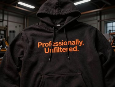Flat-lay of a dark hoodie with 'Professionally Unfiltered' graphic, showing embroidered detail, high-contrast industrial lighting, burnt orange and black tones.
