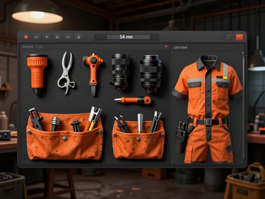 Detailed rendering of a character customization interface focusing on toolbelt items and uniform color selection for an electrician caricature, industrial workshop lighting, sharp 50mm lens.