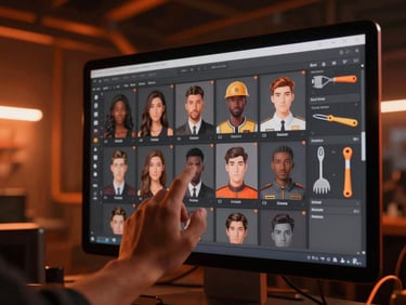 Close-up of a digital design interface showing character customization options (skin tone, hair color, uniform, tools), with a hand interacting with it, industrial lighting, burnt orange accents.