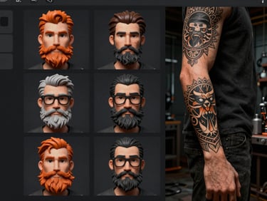 Macro shot of a character customization screen highlighting options for facial hair, glasses, and intricate tattoo designs on a caricature's arm, gritty editorial style, high contrast.