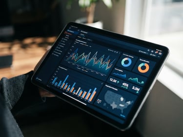 Close-up of a clean dashboard interface displaying real-time marketing attribution data on a tablet, sharp focus, natural daylight, high-contrast shadows