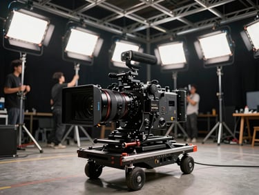 High-contrast close-up of a heavy-duty camera rig on a dolly, crew members actively rigging lights on a massive metal grid overhead, dramatic production lighting.