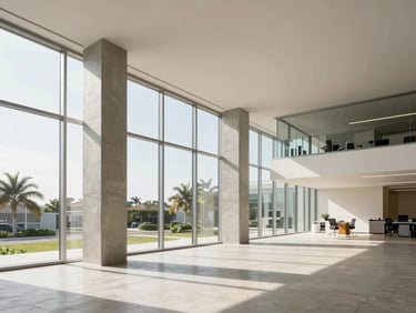 Architectural shot of a bright, minimalist office interior with concrete columns and expansive glass windows, warm natural light