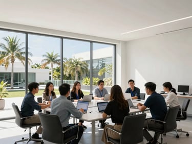 Modern architectural workspace with professionals collaborating around a large table, natural daylight, professional editorial style