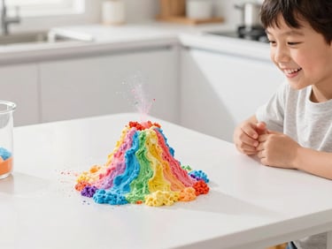 A child smiling while watching a colorful baking soda volcano erupt in a glass beaker on a clean white kitchen counter, bright high-key editorial photography, cheerful natural daylight, vibrant primary colors, shallow depth of field