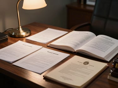 Panoramic detail of a lawyer's desk — estate planning documents and property title folders spread under a warm tungsten desk lamp, a statute volume open to a marked page, no people, quiet office environment