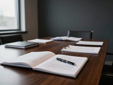 Close wide shot of a conference table set for an administrative hearing — legal folders open, a pen resting on a printed statute page, overcast window light from the left, deep charcoal wall in the background, no people