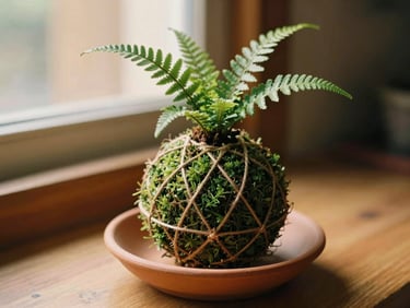 A finished green fern kokedama ball wrapped in twine, sitting on a terracotta saucer.