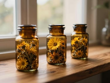 Amber glass apothecary jars filled with dried yellow calendula flowers on a warm wooden counter, soft natural light, editorial style