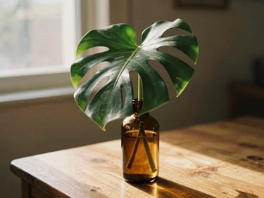 Sunlit monstera cutting in an amber glass bottle on a wooden table, soft shadows.